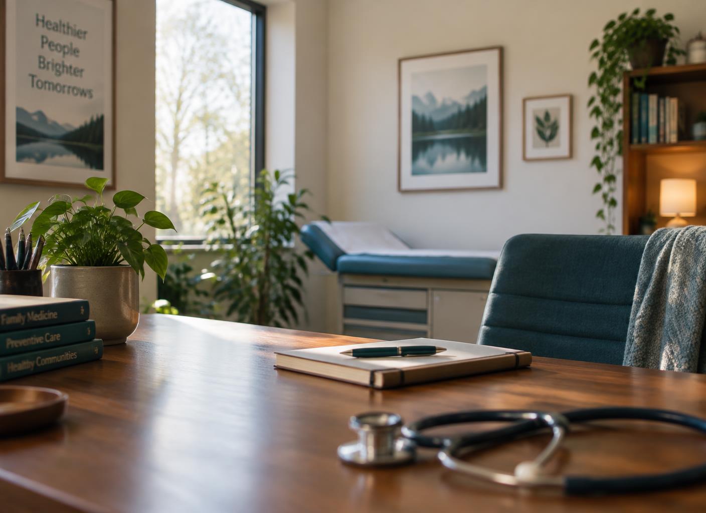 A quiet family medicine consultation room in warm daylight